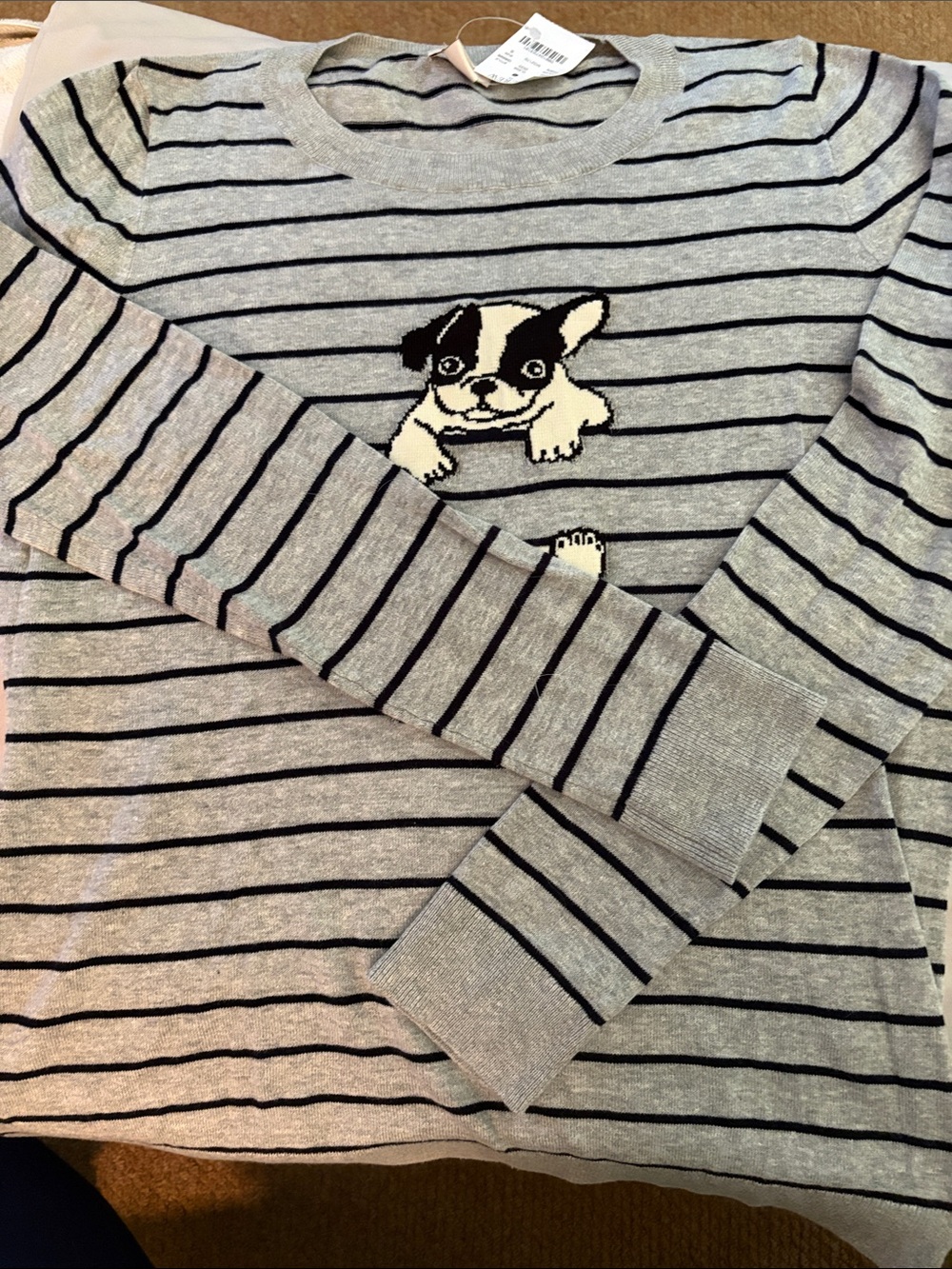 J. Crew Grey Striped Sweater with Puppy Graphic